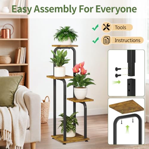Plant Stand Shelf Tall for Indoor Corner with Lights (Classic Brown-Black with Lights / 4 Tier)