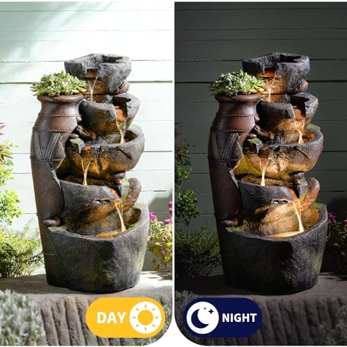 5 Tiered Rock Water Fountain Outdoor Cascading Waterfall Fountain (31.7’’H / Jar & Stacked Stone-31.7’’h)