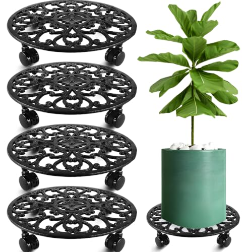 4 Packs 14 Inch Rolling Plant Stand with Wheels Metal Plant Caddy with Wheels Heavy Duty Round Plant Stand Indoor Iron Plants Rollers for Plants (14 inch: 4 pcs / Black)