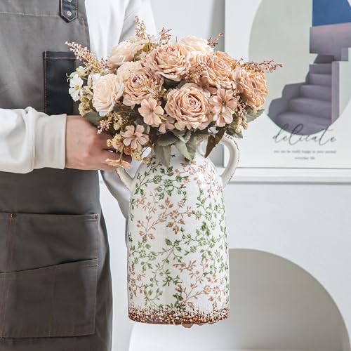 11.2" Rustic Ceramic Vase (06-green and Beige-11.2 in)