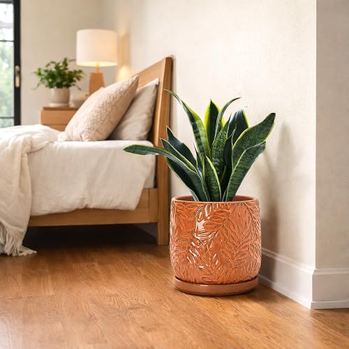 Embossed Leaves Ceramic Planter (8 Inch / Pumpkin)