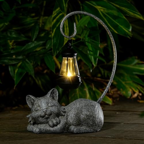 Outdoor Cat Figurine Garden Statue with Solar (Marbled)