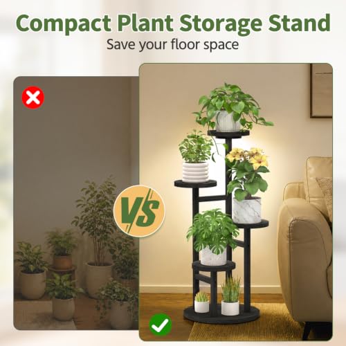Wood Small Plant Stand Table Indoor Tall with Lights (Matte Black with Light / 4 Tier)