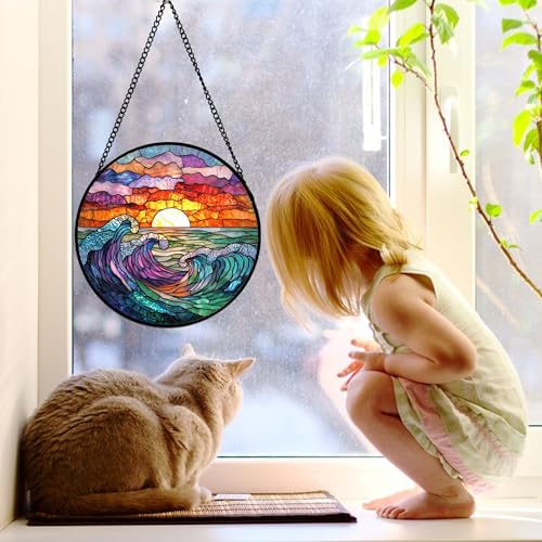 Clouds and Sea Waves Stained Glass Window Hanging Suncatcher Gifts 7.8"