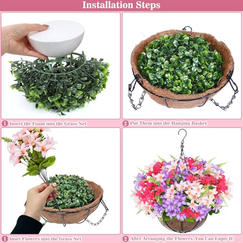 Artificial Faux Hanging Plants Flowers Basket for Outdoors Spring Summer Decoration (Hyacinth Fuchsia Mix)