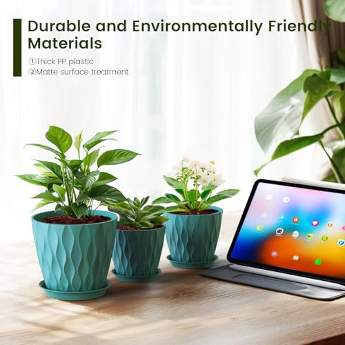 7/6.5/6/5.5/5/4.5/4 inch Plant Pots for Indoor Outdoor Plants, 7 Pack Thick Flower Pots with Drainage Holes and Saucers, Modern Wave Texture Small Plastic Planters Nursery Pots, Blue Green (Blue Green / 7+6.5+6+5.5+5+4.5+4 inch 7 pieces)