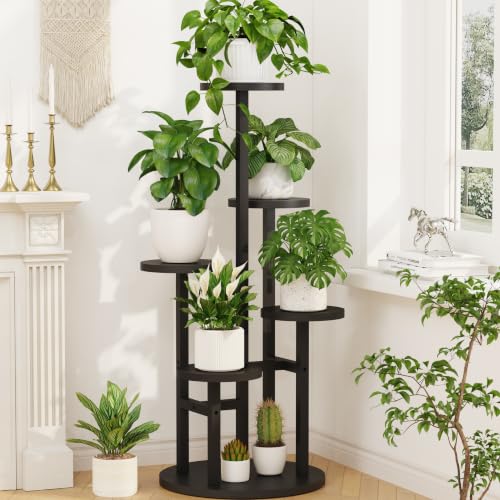 Wood Small Plant Stand Table Tall for Indoor Corner (Natural Black / 5 Tier)