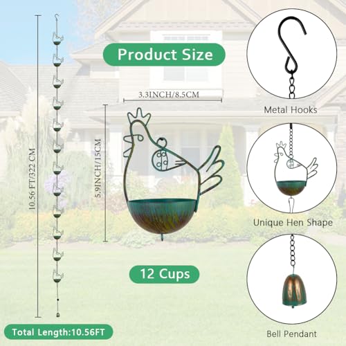 10.6FT Rain Chains for Gutter with 12 Cups (Chicken)