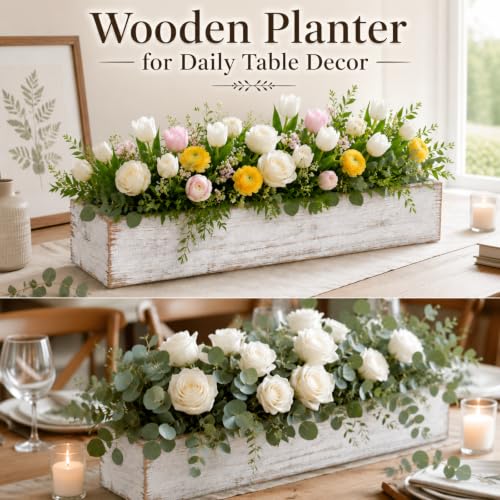 6 Set Wood Boxes for Centerpieces 12x4 Inch Rectangle Wooden Planter Box Rustic Wooden Planters with Removable Plastic Liner Floral Foam Blocks for Christmas Wedding Home Garden Decor (12 X 4 Inch / White)