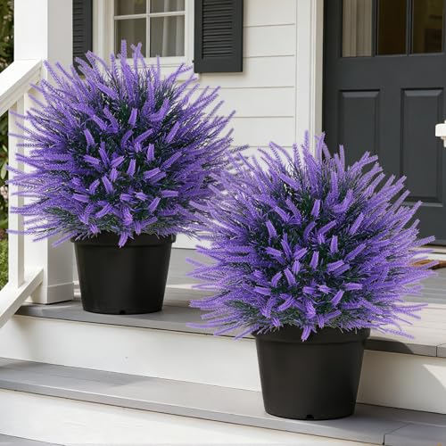 2 Pack Artificial Lavender Topiary Ball with Ground Spike for Outdoor (Lavender)