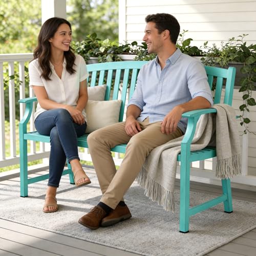 52" Farmhouse Outdoor Bench with Armrest (Turquoise Blue)