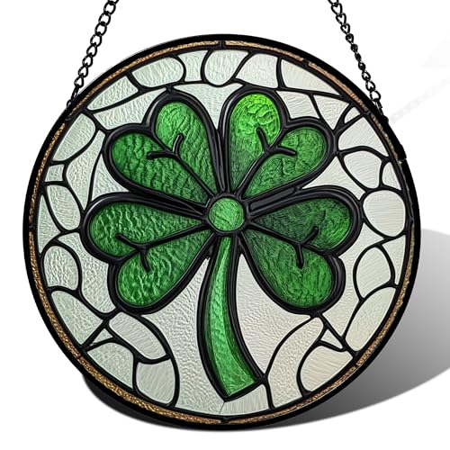 Lucky Clover Stained Glass Window Hanging Suncatcher Gift for Mom 6.3" (White and Green / 6.3x6.3 IN)