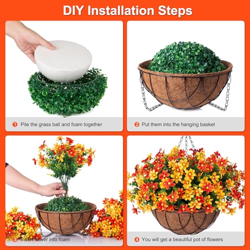 Artificial Fall Mums Flowers with Hanging Basket for Outdoor (Corange)