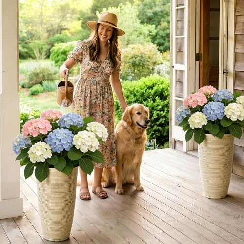 AUTODAYA 23.5" Tall Planters for Outdoor Plants (23.5"h-ivory Stripes Texture)
