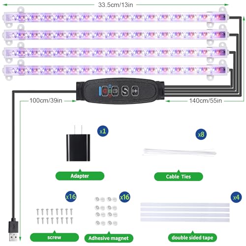 Four Strip Growing Lamp for Indoor Plants (Red+Blue+Yellow / 13Inch 4 Head 1 Pack)