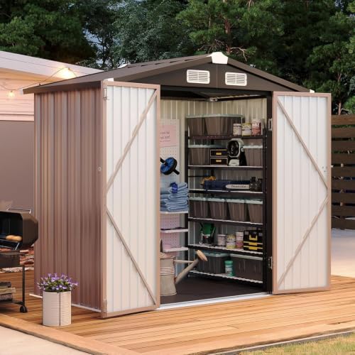 6x4FT Shed with Floor Galvanized Steel Outdoor Storage Shed (Brown / 6'x4'w)