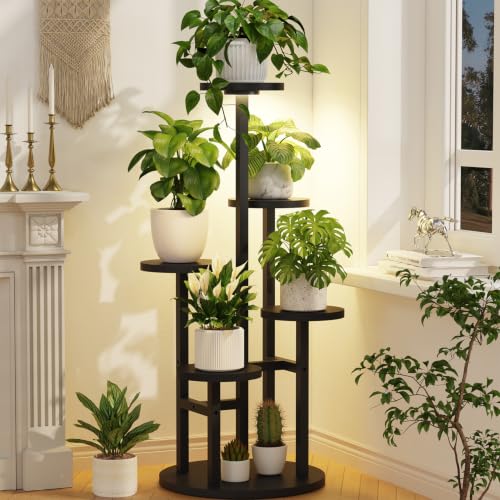 Wood Small Plant Stand Table Indoor Tall with Lights (Natural Black with Light / 5 Tier)