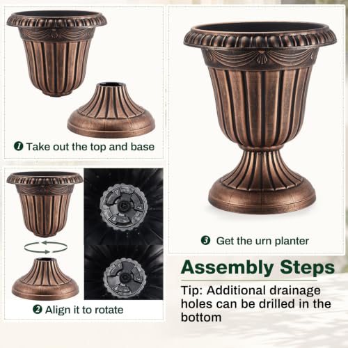 4 Pcs 16 x 18 Inches Brushed Copper Plastic Urn Planter Classic Flower Pots Front Porch Planters Indoor Outdoor Planters with Pedestal for Wedding Party Bridal Shower Garden Patio Porch (16 x 18 Inches / Brushed Copper)