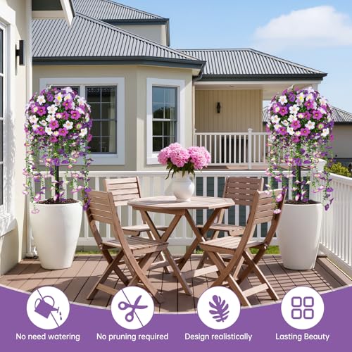36" 2PCS Fake Topiary Bushes with Purple Morning Glory Flowers (Purple Morning Glory)