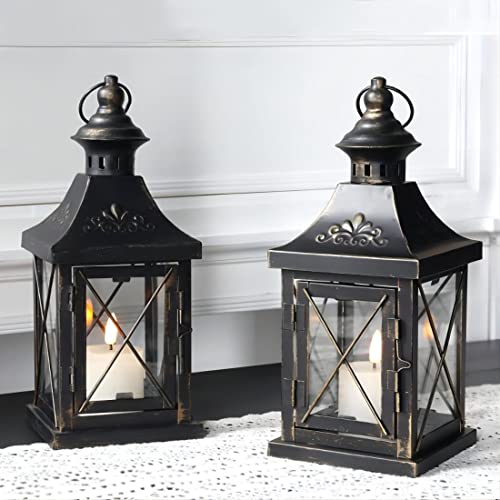 Set of 2 Decorative Candle Lantern 11'' High Metal Candle Holder Hanging Lantern Perfect for Home Decor Halloween Living Room Parties Events Tabletop Indoors Outdoors (Black)