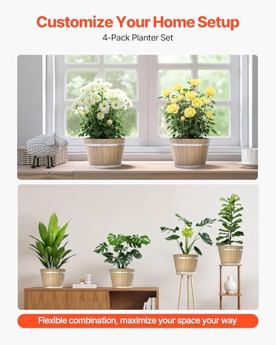 Plant Pots 4 Pack 11.81 inch Whiskey Barrel Planters with Drainage Holes (11.81 in, 4 Pcs / Modern)