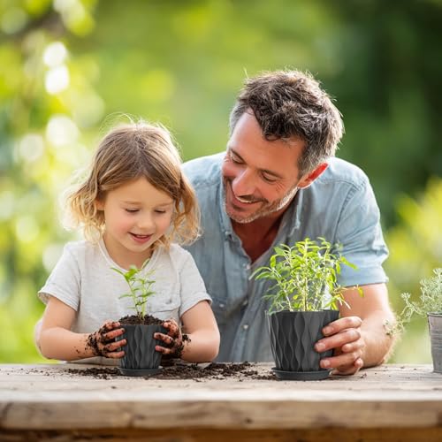 7/6.5/6/5.5/5/4.5/4 inch Plant Pots for Indoor Outdoor Plants, 7 Pack Thick Flower Pots with Drainage Holes and Saucers, Modern Wave Texture Plastic Planter Pots for Nursery, Succulent, Black (Black / 7+6.5+6+5.5+5+4.5+4 inch 7 pieces)