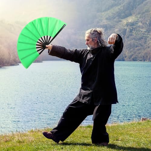 2 Packs Large Folding Hand Fans (Green and Yellow)