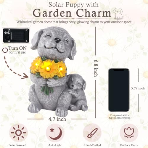 Garden Statue Dog Figurine with Solar Sunflowers Bouquet Outdoor Decoration
