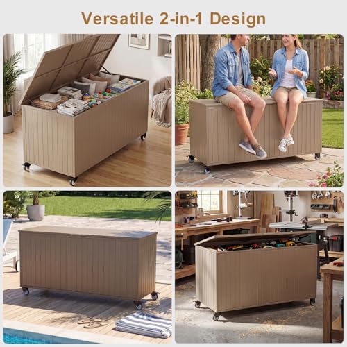 250 Gallon Metal Large Outdoor Deck Box with 4 Wheels (250 Gallon / Brown)