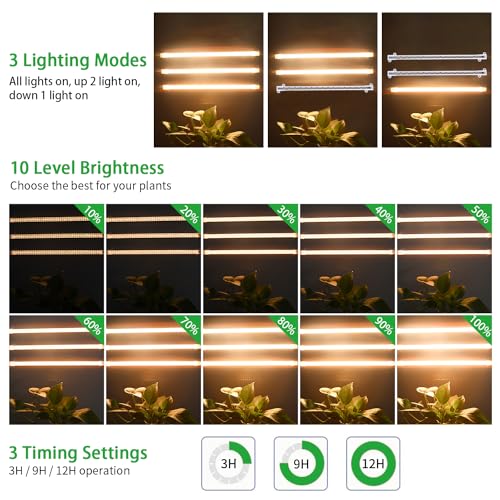 13 Inches LED Grow Light Strips for Plant Shelf (Black Cabel 3500K / 3 Head 1 Pack)