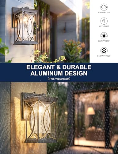 Dusk to Dawn Outdoor Wall Light Black with Gold Trim Modern Exterior Sconce Aluminum Waterproof Coach Light Fixture with Crack (Black and Gold-L)