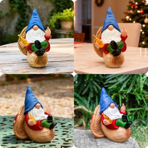 Middle Finger Gnome Statue Naughty Garden Gnomes Funny Drunk Gnome on Mushroom Indoor Outdoor Summer Decoration for Yard Lawn Home Christmas Birthday Gag Gift (Beer Gnome)