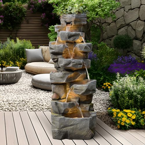 58" H Cascading Realistic Rock Outdoor Water Fountain with 7 Tiers (58H / Gray-3071)