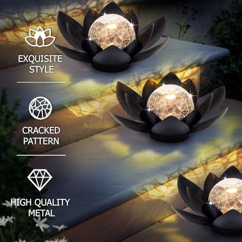 Solar Lights Outdoor Garden Decor Metal Black Lotus Decoration (All Black)