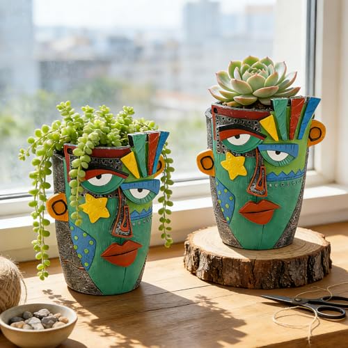 Abstract Face Planter Pot (Green)