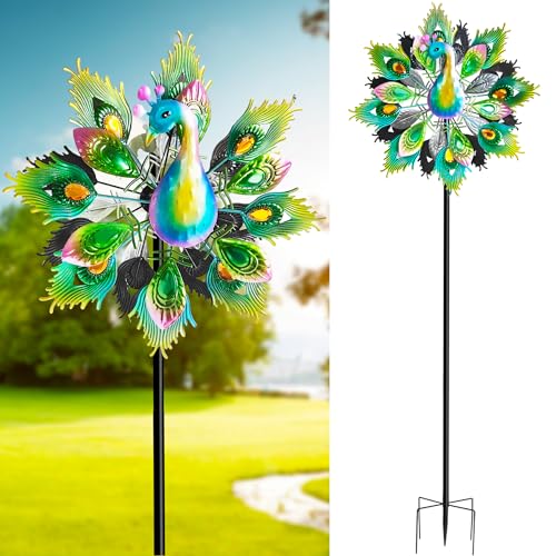 Outdoor Peacock Wind Spinners Featuring Glittering Gem Decor (C-yellow Peacock)