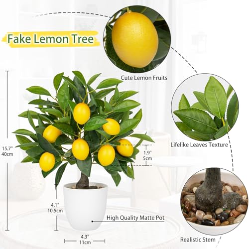 Artificial Potted Plants 15.7 inches Fake Lemon Tree Artificial Lemons Citrus Tree with White Pot Faux Plants Indoor for Home (White Pot)