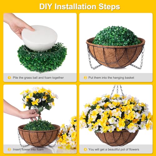 Artificial Hanging Flowers with Basket for Outdoor UV Resistant (A-yellow and White)