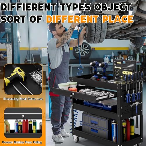 3 Tier Tool Cart on Wheels with Drawers (Black)