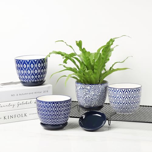 Ceramic Succulent Pots (Vintage Blue / 4.6 Inch, Set of 6)