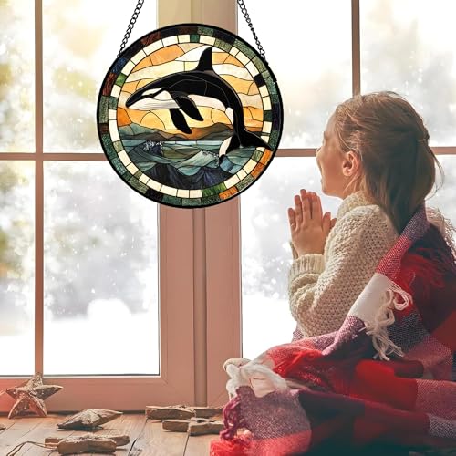 Orca Whale Ocean Waves Stained Glass Window Hanging Suncatcher Gifts 9.8" (Black and White / 9.8x9.8 IN)