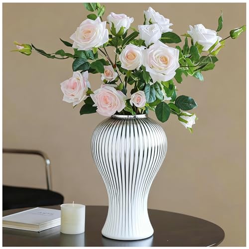 Ginger Jar White Gold Ceramic Vase Large Handmade Porcelain Vases with Lid (B-Silver-Large)