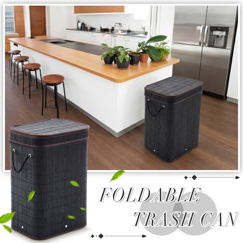 2 Pack 21 Gallon Bamboo Slim Trash Can with Lid Foldable (23.6×15.8×11.8inches / Black)