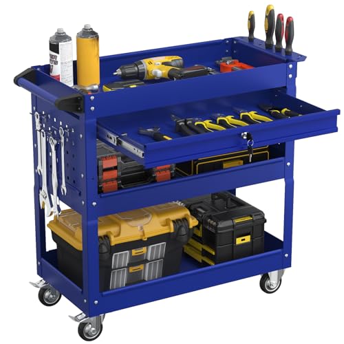 3 Tier Heavy Duty Rolling Tool Cart with Drawers (Deep Blue)