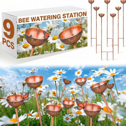 9 Pcs Bee Watering Station for Garden Metal Watering Cup (Copper)