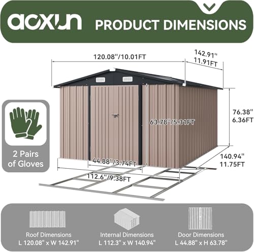 10x12 FT Galvanized Steel Outdoor Storage Shed with Base (Brown / 10'x12')