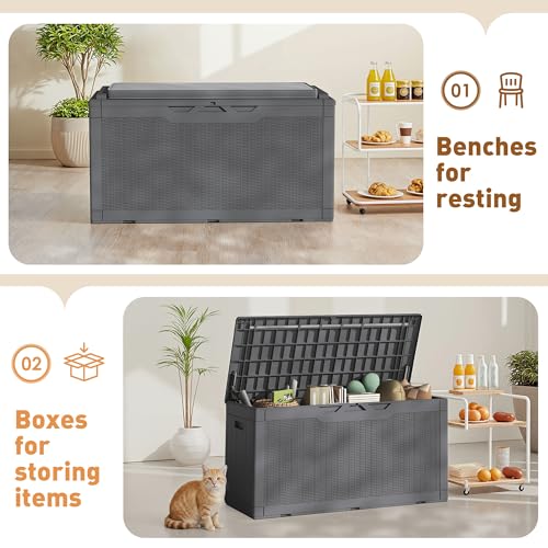 100 Gallon Resin Deck Box Large Outdoor Storage Boxes with Cushions for Garden Tools (Gray / 100 Gallon)