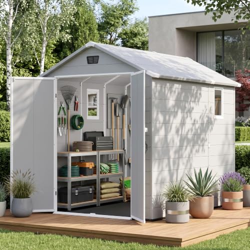 6x10FT Plastic Outdoor Storage Shed with Floor (6x10FT / Light Gray)