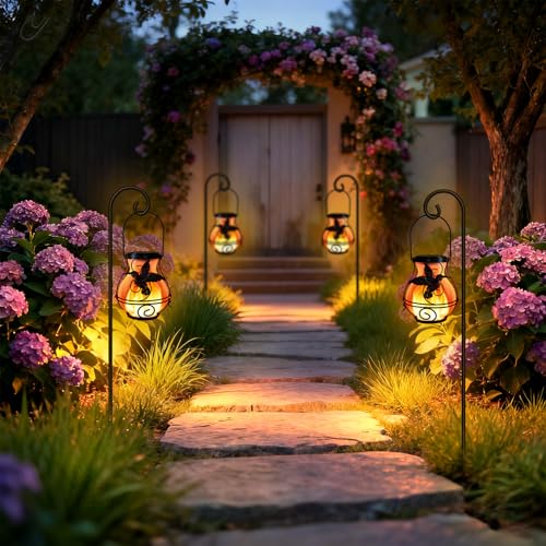4 Pack Solar Lanterns Outdoor Waterproof Flickering Flame Lights Hummingbird Metal Hanging Solar Lantern Patio Porch Garden Decoration (4 Packs)