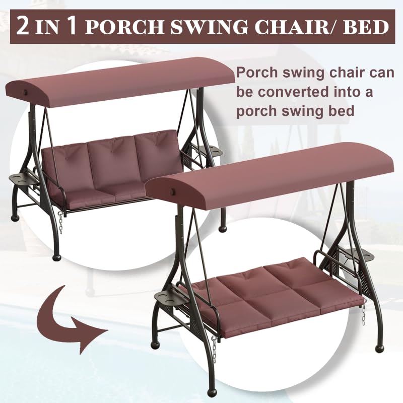 3 Seat Patio Porch Swing with Adjustable Canopy and Stand (Brown / with cup holder)